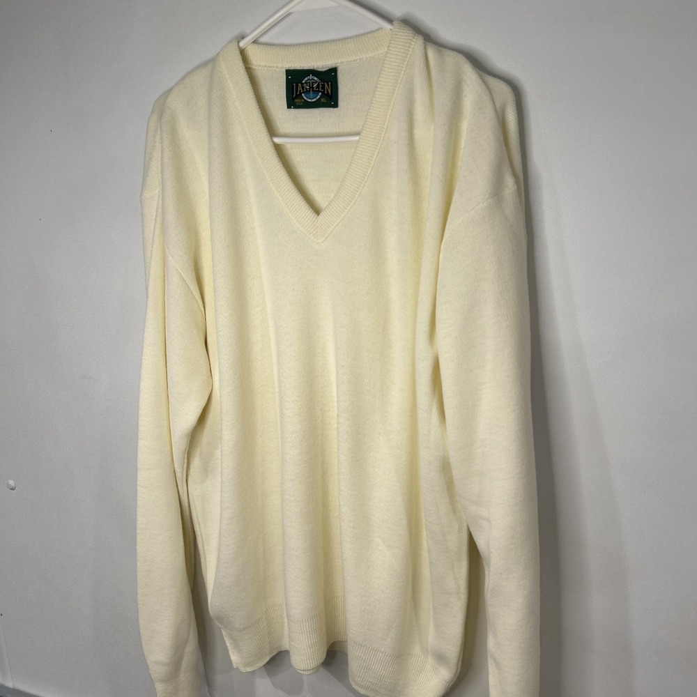 Jantzen Ivory Knit Acrylic‎ V-Neck Sweater Men's Size XL Made in USA VTG Holiday - Picture 1 of 8